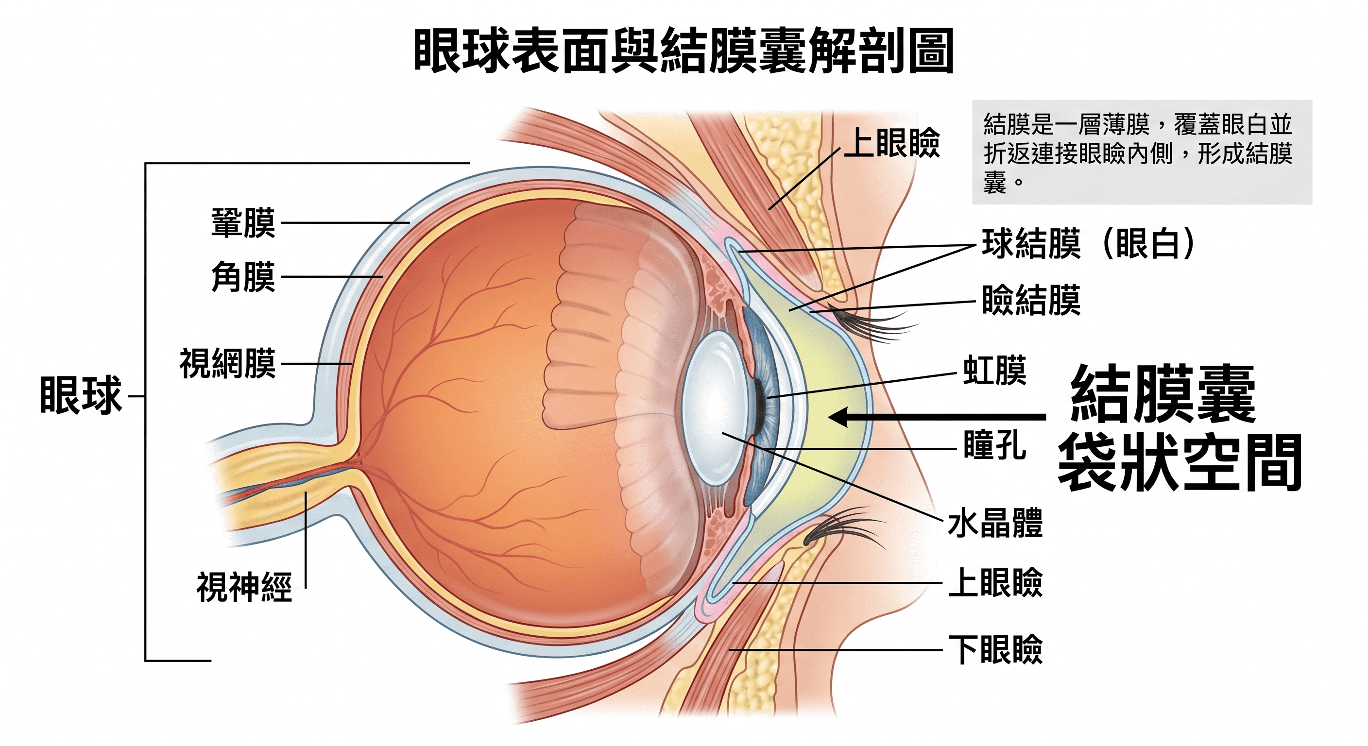 我們的眼球表面覆蓋著一層薄而透明的膜，叫做「結膜」。 結膜的構造非常精妙，它從眼白（鞏膜）表面一直延伸，在眼球最深處折返，最後連接到我們上下眼瞼（眼皮）的內側。 這個折返所形成的袋狀空間，在醫學上稱為「結膜囊（Conjunctival Sac）」。